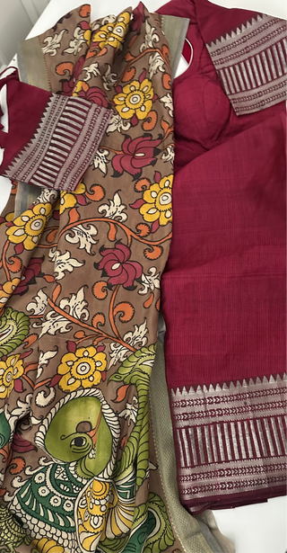 Maroon  Pure Mangalagiri Silk Cotton Lehenga hand painted kalamkari blouse with Dupatta