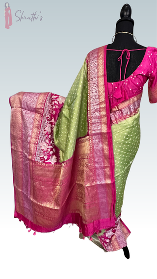 Pure Bandhej Embroidered Silk Saree pure silk saree silk finish with stitched blouse Partywear pooja wear ready to ship Saree USA