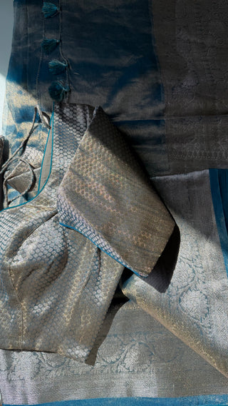 Pure Tissue Beneras pastel Ice Blue checks handwoven pure silk saree stitched blouse saree readymade online USA