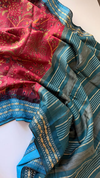 Handloom vidharbha tussar pichwai print tussar silk saree  online and prestitched blouse