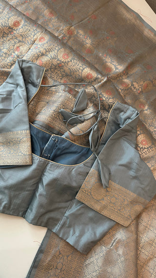 Grey Pure katan Benerasi silk saree with stitched  blouse online shopping usa