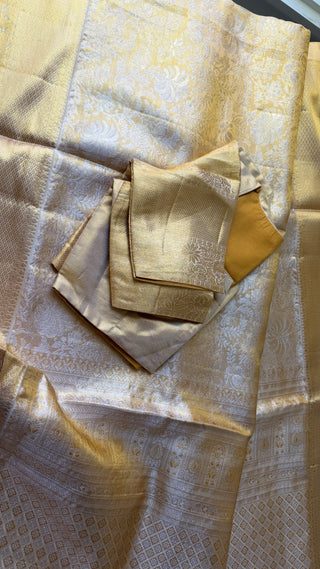 Gold pure tissue handloom kanchi pattu saree bridal gold Kanjivaram saree with stitched blouse USA bridal saree usa