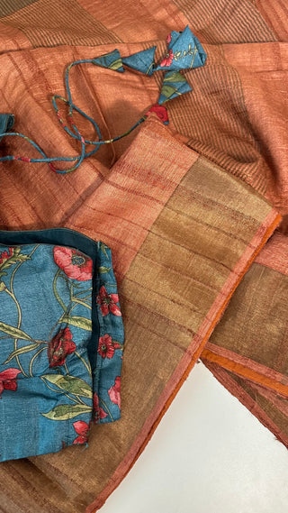 Rust  tussar silk with kalamkari silk blouses