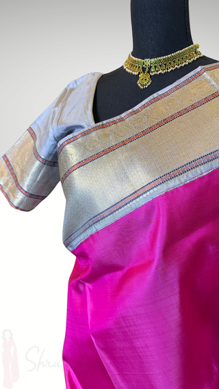 One saree two look’s Handloom Pink kanjivaram silk saree with kalamkari blouse two  stitched blouse  Indian wedding muhurtam silk bridal blouse online shopping usa Diwali