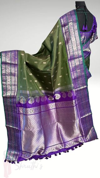 Vintage olive green  butta Gadwal handwoven silk saree with stitched blouse