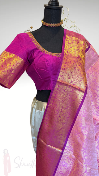 Pure Handloom Authentic Kanjivaram Pastel Pink Vanasingaram brocade silk saree gold zari online stitched blouse embroidered blouse  one of a kind elegant easy drape  silk saree online shopping ships from USA