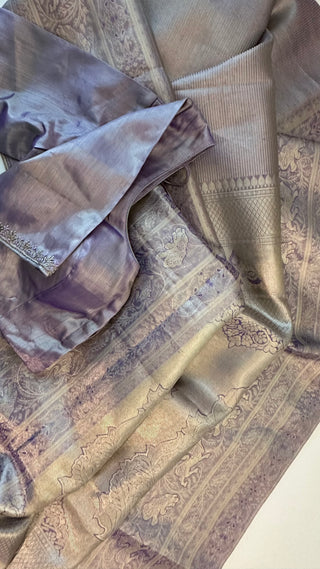 Pastel Lavender vaira oosi silver zari KANJIVARAM SAREE with Hand embroidered blouse