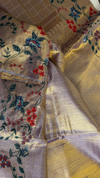 Pure Indian wedding kanjivaram light purple pastel Gold silk tissue brocade  silk pure embroidered silk handwoven