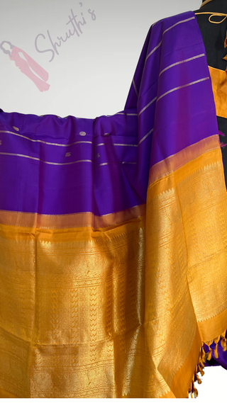 Borderless Handloom silk Pure Purple gold kanchi pattu saree with embroidered blouse