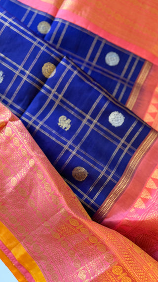 Pure Gadwal silk checks  saree pure zari  dark blue to pink gold zari silk saree