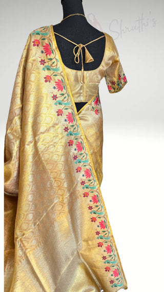 Handloom  Kora Kanjivaram Gold tissue saree  Embroidered borders pallu online shopping with prestitched blouse usa