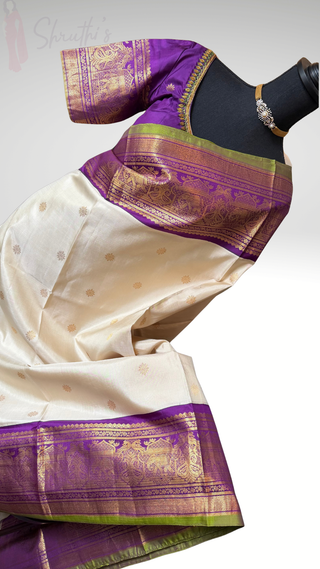 Pure Handloom ven pattu white to purple  Gadwal silk saree gold zari silk with stitched blouse ready to ship USA Easy drape