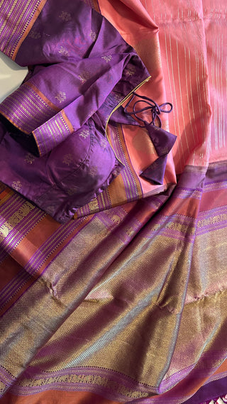 Pastel Pink Pure zari Hndwoven Brocade kanjivaram silver zari with stitched blouse Indian wedding silk saree