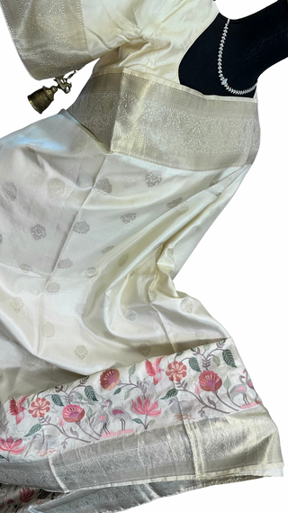 Cream White Embroidered Kanjivaram Silk Saree  Embroidered Blouse – Wedding & Party Wear Saree Online USA