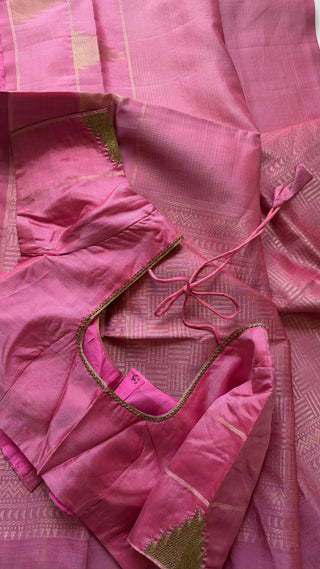 Pure Handloom Soft Silk Saree Lotus pink silk saree with embroidered  Stitched Blouse Indian handloom wedding pattu Saree Online USA Ready to Ship Saree Online USA Easy Drape