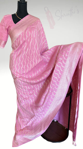 Pastel Pink Pure Handloom beneras weave in linen pure silver zari pastel pink saree embroidered linen saree online usa