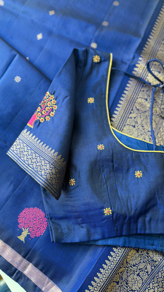 Pure Handloom Soft Silk Saree dark blue silk saree with embroidered  Stitched Blouse Indian handloom wedding pattu Saree Online USA Ready to Ship Saree Online USA Easy Drape