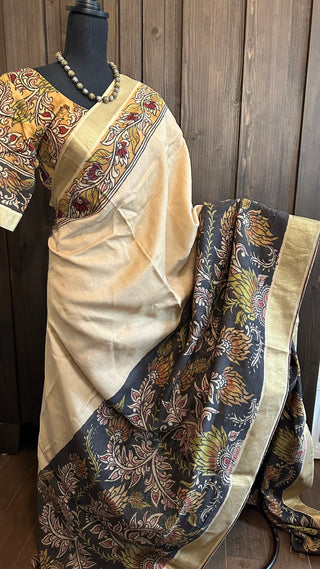 Pen Kalamkari hand painted embroidered  tussar saree online usa with stitched blouse