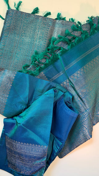 Pure Handloom kanjivaram Shades of Beautiful Blue brocade weave silver zari kanchi pattu saree fine weave kanchi pattu bridal