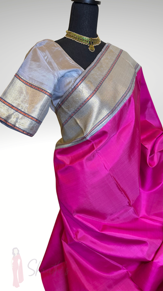 One saree two look’s Handloom Pink kanjivaram silk saree with kalamkari blouse two  stitched blouse  Indian wedding muhurtam silk bridal blouse online shopping usa Diwali
