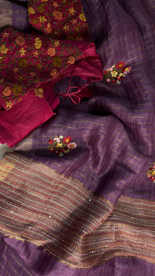 Violet Linen saree Handloom Linen with embroidery silk blouses zari borders and fine checks Partywear bridesmaids