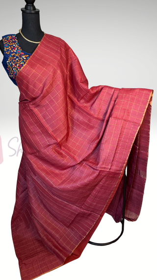 Rouge Pink Tussar pure silk saree embroidered blouse with pure handloom saree Handloom silk Tussar with embroidery silk blouses zari borders and fine checks Partywear bridesmaids
