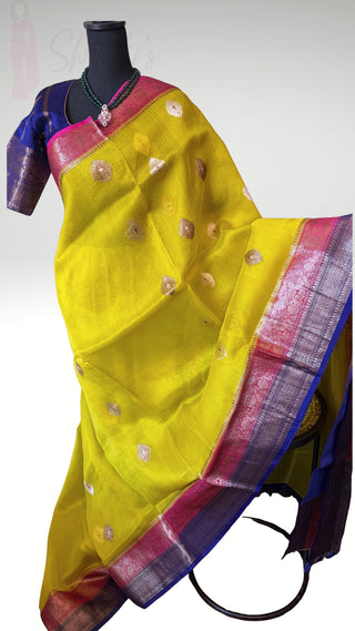 Pure Handloomlight olive green beneras organza saree stitched blouse saree online
