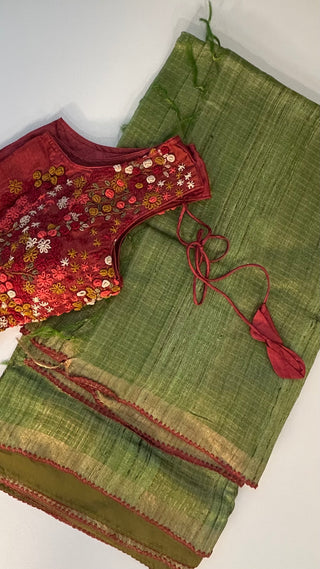 Asparagus Green sleeveless blouse saree Handloom silk Tussar with embroidery sleeveless silk blouses zari borders and fine checks Partywear bridesmaids