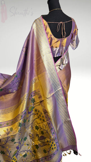 Kanjivram silver tissue woven floral design lavender pure kanchi pattu saree online shopping with embroidered stitched  blouse usa