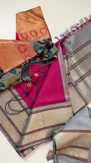 One saree two look’s Handloom Pink kanjivaram silk saree with kalamkari blouse two  stitched blouse  Indian wedding muhurtam silk bridal blouse online shopping usa Diwali