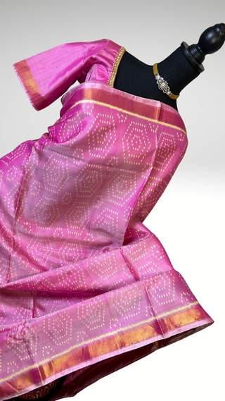 Pink pastel silk patola silk saree with  silk finish pallu with prestitched blouse