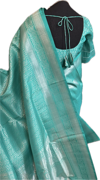 Traditional indian wedding saree south silk Brocade turquiose kanchi pattu saree Pure silver zari stitched blouse