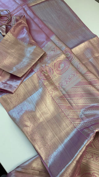 Pure Silver zari Tissue Kanchi Pattu saree with stitched blouse online shopping usa pastel silver zari kanjivaram