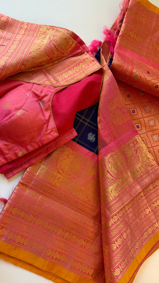 Pure Gadwal silk checks  saree pure zari  dark blue to pink gold zari silk saree