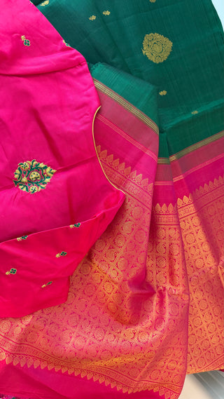 Pure Kanjivaram Handloom pure silk Bottle green pink Handloom silk saree pure zari  Muhurtam Wedding Saree with ready to wear ship Blouse Online USA