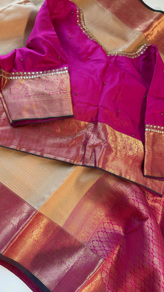 Handloom Pure kanchi Light Almond color  fine vairaoosi pure zari kanjivaram silk saree blouse and pallu indian wedding silk saree online usa
