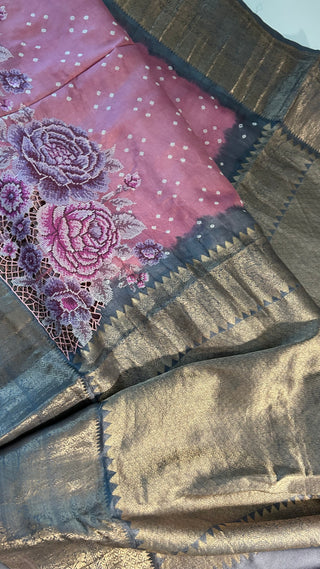 Pure Bandhej Kanjivaram pastel pink Embroidered Silk Saree pure silk saree silk finish with stitched blouse Partywear pooja wear ready to ship Saree USA
