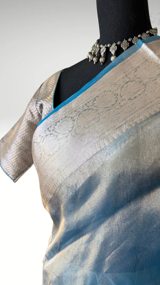 Pure Tissue Beneras pastel Ice Blue checks handwoven pure silk saree stitched blouse saree readymade online USA