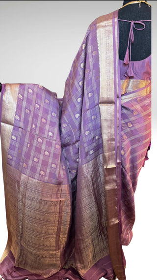 Handloom Pastel’s Lavender Georgette checks  Beneras silk saree with stitched blouse  online shopping Partywear