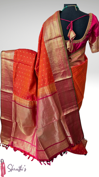 Pure Orange  Handwoven kanjivaram silk saree online pure handwoven red kanjivaram silk saree easy drape red saree Indian bride bridal saree