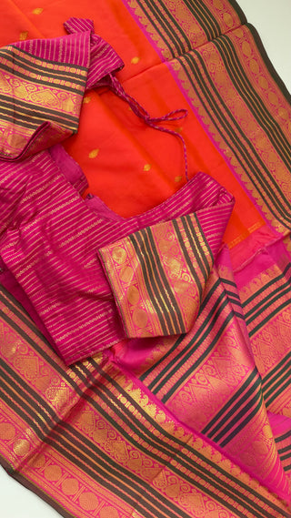 Orange gold zari Kanchipuram silk saree online shopping vintage revival borders with stitched brocade blouse