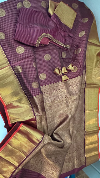 Maroon burgundy kanjivaram silk checks saree with hand embroidered blouse