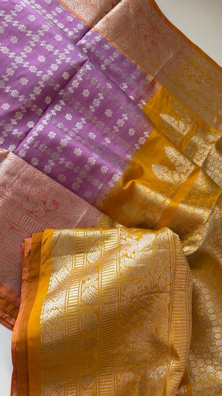 Lavender  Venkatagiri pure silk silver  zari with stitched blouse hand embroidered contrast blouse
