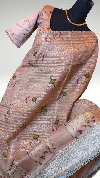 Mauve pichwai embroidered borders organza pure silk printed blouse easy drape online shopping usa