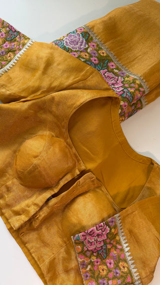 Pure Tissue Beneras yellow handwoven pure silk saree stitched blouse saree readymade online USA
