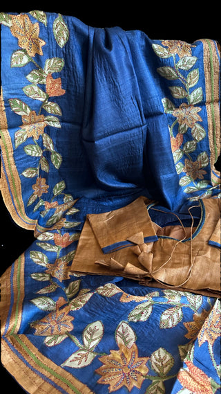Blue kantha work hand painted embroidered with stitched blouse online shopping 