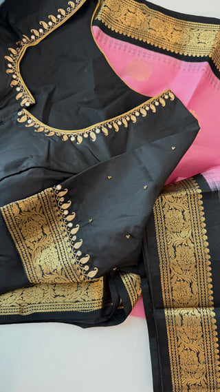 Pure Kanjivaram Handloom pure silk Pink black Handloom silk saree pure zari  Muhurtam Wedding Saree with ready to wear ship Blouse Online USA