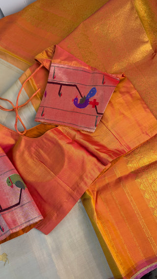 Bridal cream ven pattu saree orange pure zari kanjivaram silk saree with stitched blouse