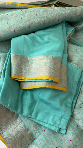 Handloom Pastel’s Georgette Brocade Beneras silk saree with stitched blouse  online shopping Partywear