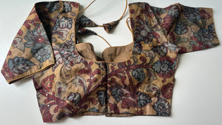 Beige pen kalamkari pure silk pure kalamkari hand painted silk blouse readymade readytowear online usa pure silk saree blouse beige brown mustard stitched blouses sale online 
